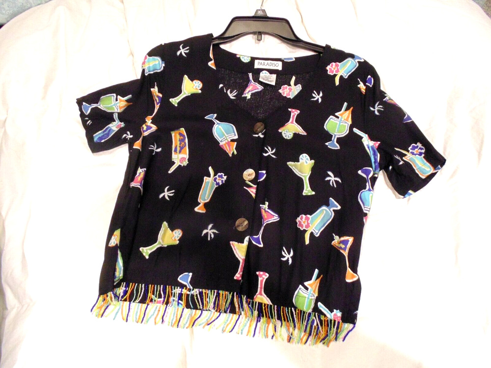 Vtg 80s Womens M Black Tropical Party Print Crop Shirt Top Beaded Hem Artsy